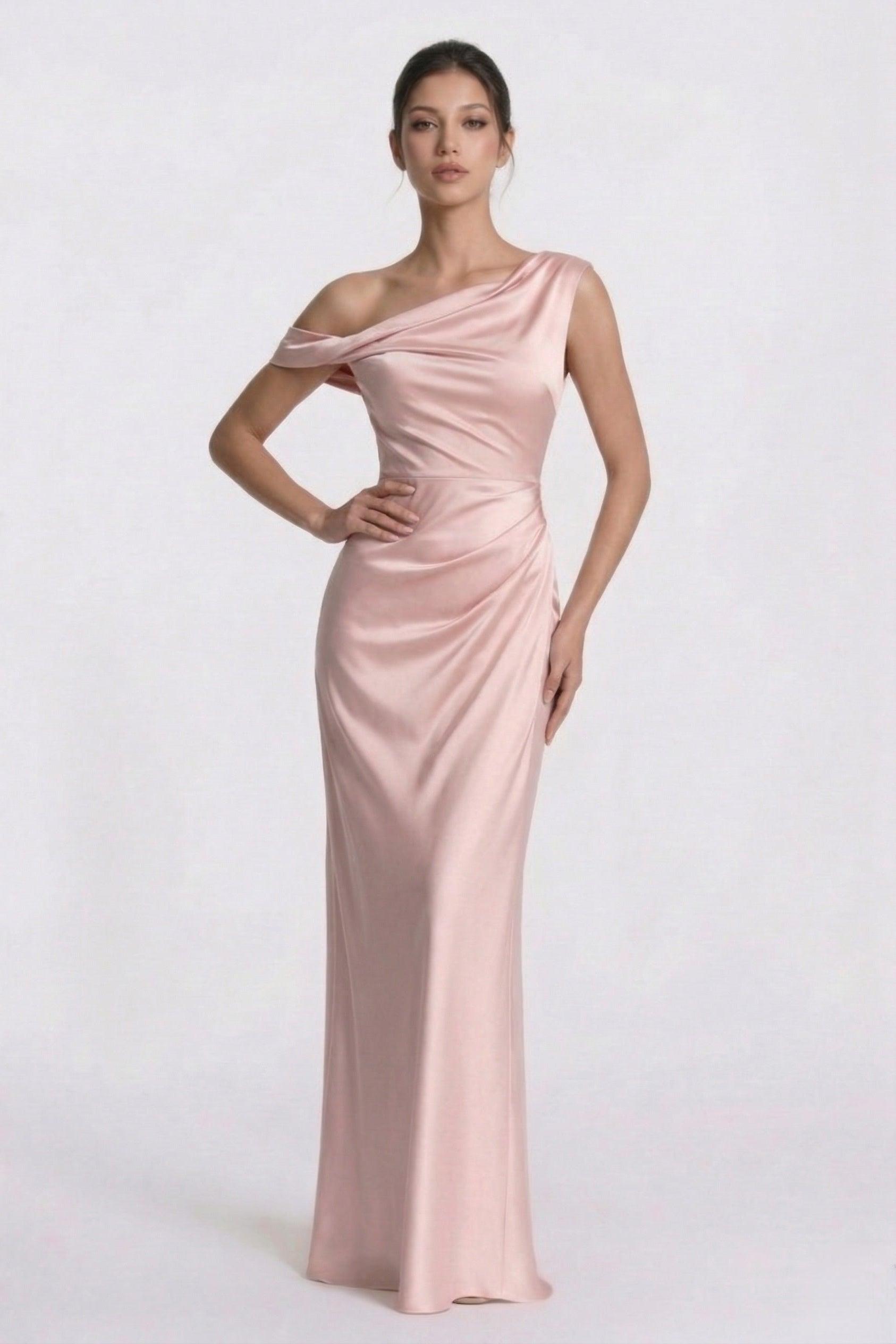 Sheath-Column Floor Length Acetate Satin Bridesmaid Dress CG0309BM - Soft Blush - COCOMELODY